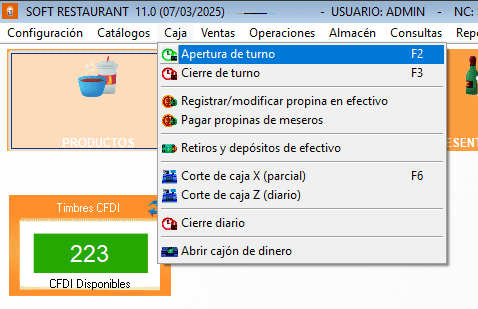 Pantalla de apertura de turno Softrestaurant 11
