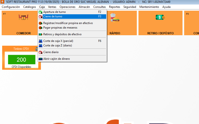 Pantalla de cierre de turno en Soft Restaurant 11