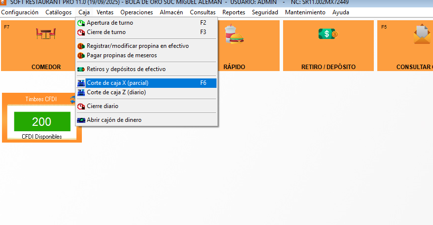 Pantalla de Corte X en Soft Restaurant 11