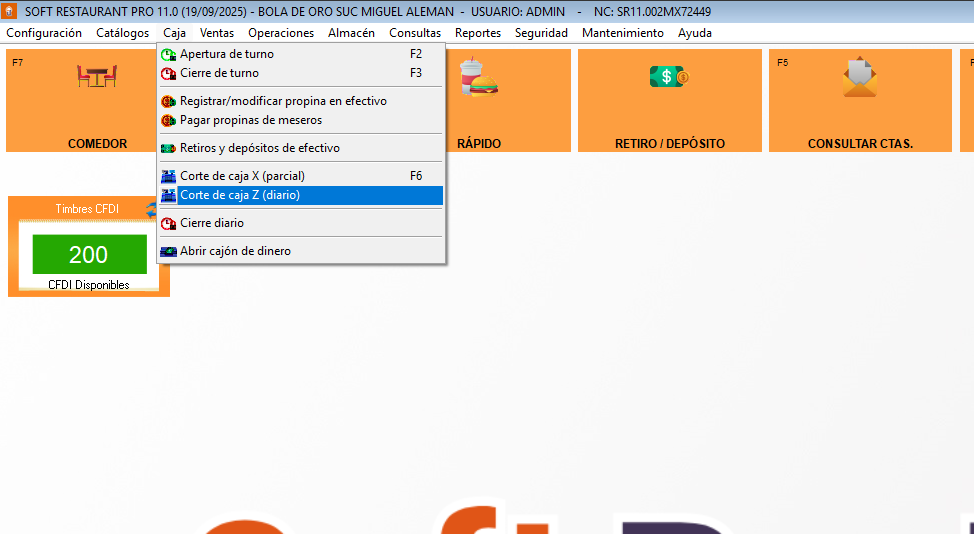 Pantalla de Corte Z en Soft Restaurant 11