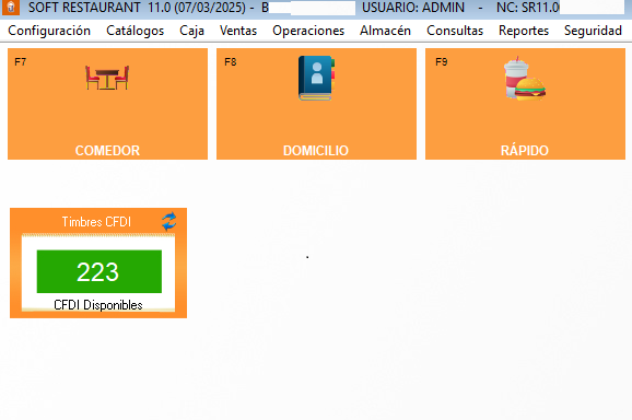 Barra superior con opciones Comedor, Rápido y Domicilio