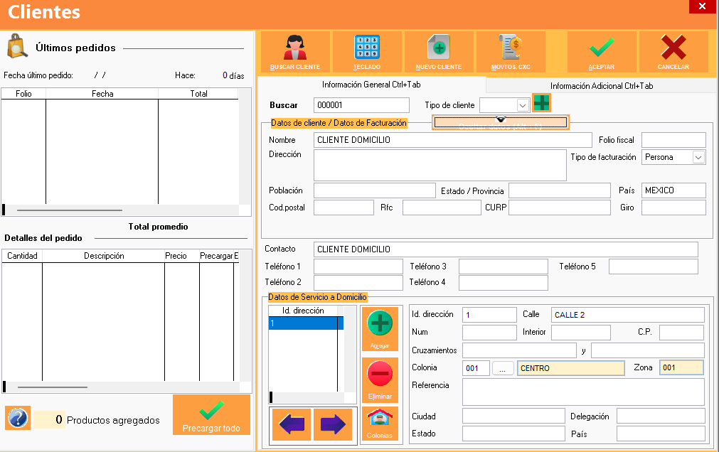 Ventana de registro de clientes en servicio a domicilio de SoftRestaurant 11