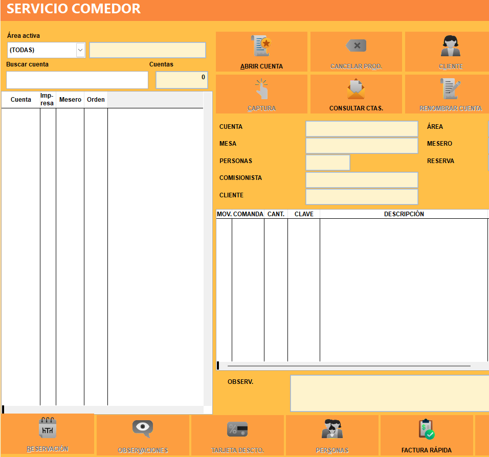 Pantalla del servicio Comedor en Soft Restaurant 11